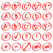 Grade results. Hand drawn vector set of grades with minuses and pluses. Red notes: plus, minus, tick, cross, yes, no, interrogative and exclamation mark.