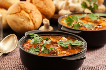 Canvas Print - Stew soup with meat, potatoes, mushrooms and red pepper