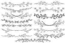 Vector Black Dividers With Branches, Plants And Flowers