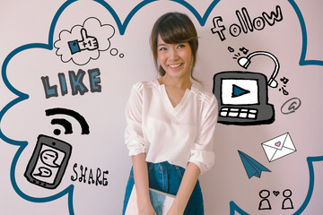 A portrait of a young asian woman with social media illustrator doodles - digital lifestyle concept 