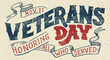 Veterans day, Honoring all who served. Hand lettering greeting card with textured handcrafted letters and background in retro style. Hand-drawn vintage typography illustration