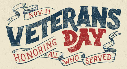 Wall Mural - Veterans day, Honoring all who served. Hand lettering greeting card with textured handcrafted letters and background in retro style. Hand-drawn vintage typography illustration