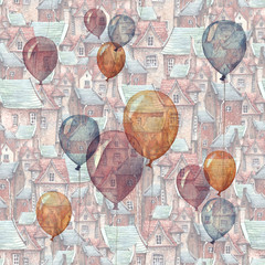 Wall Mural - A seamless pattern with a watercolor illustration of balloons and an old town on the background. Roofs, European brick houses and flying balloons - romantic fairytale.