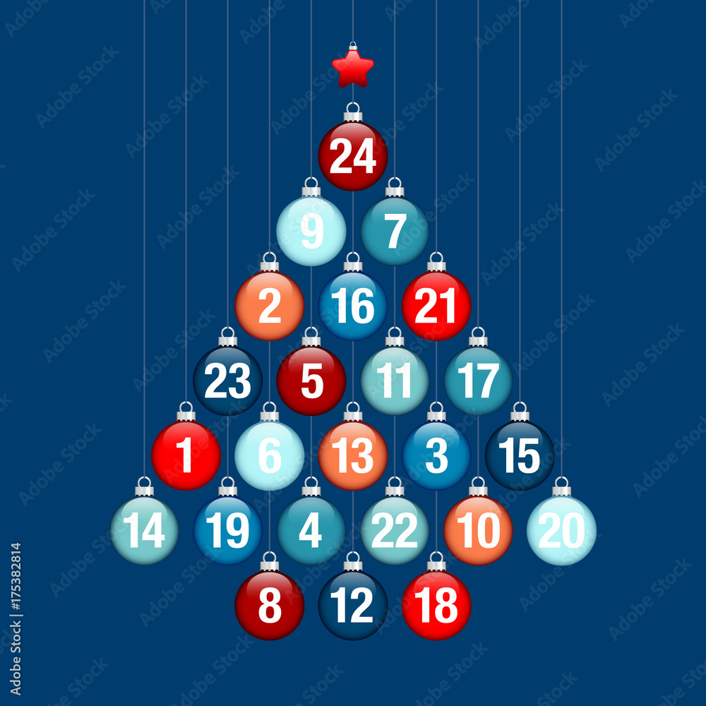 Fotografie Obraz Advent Calendar Christmas Tree Balls Blue Red Silver