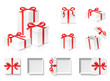 Empty open gift box set with red color bow knot and ribbon isolated on white background. Happy birthday, Christmas, New Year, Wedding or Valentine Day package concept. Closeup Vector 3d illustration