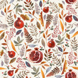 Seamless pattern with wonderful autumn berries, branches, leaves and garnet on a light background. Fresh and bright colors of autumn painted in watercolor!
