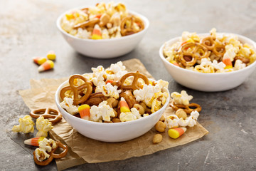 Homemade Halloween trail mix with popcorn, pretzels and nuts