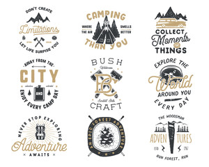 vintage hand drawn travel badge and emblem set. hiking labels. outdoor adventure inspirational logos
