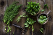 Fresh culinary herbs, string and scissors