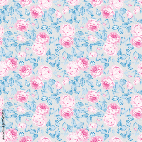 Seamless Floral Pattern With Pastel Pink Roses Blue Leaves On A
