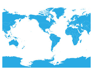 Wall Mural - Blue World map. High detail America centered political map. Vector illustration.