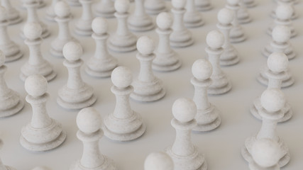 Uniformly packed grid of white Chess pawns under neutral studio lighting.