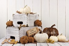 Happy Thanksgiving Tag With Shabby Chic Autumn Decor Against A White Wood Background