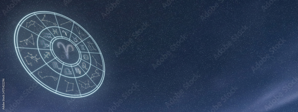Light symbols of zodiac and horoscope circle, Aries Zodiac Sign - obrazy, fototapety, plakaty 