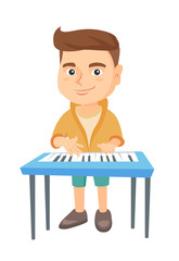 Poster - Little caucasian boy playing the piano. Full length of smiling boy standing near the piano. Vector sketch cartoon illustration isolated on white background.