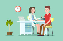 Doctor And Patient Measuring Blood Pressure. Medical Treatment And Healthcare Poster, Modern Clinical Analysis And Treatment, Medical Diagnostic Tests. Doctor Visit In Clinic Vector Illustration