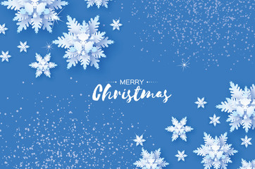Wall Mural - Origami Snowfall. Merry Christmas Greetings card. White Paper cut snow flake. Happy New Year. Winter snowflakes background. Space for text. Holidays. Blue background. Vector