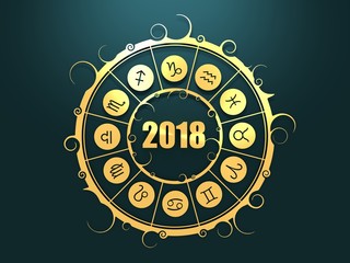 Wall Mural - Astrological symbols in the circle. Golden emblem. Metallic material. New Year 2018 numbers. 3d rendering