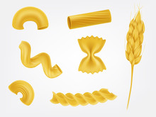 Various Types And Shapes Pasta, Noodles And Macaroni With Cereal Ear Realistic Vector Illustration Set Isolated On White. Italian National Cuisine Traditional Ingredient. Natural Healthy Eating Food 