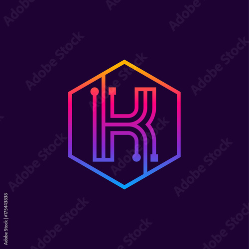 Letter K Colorful Dots Logo Linear Hexagon Shape Digital And