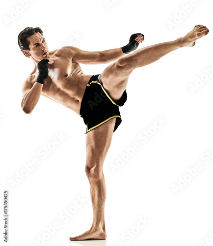 Fotografía one caucasian Muay Thai kickboxing kickboxer thai boxing man isolated on white b