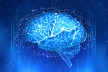 Human brain is surrounded by a network of polygons on a dark blue background. Conceptual digital illustration