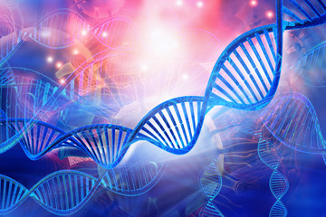 Wall Mural - 3d DNA strands on science background .