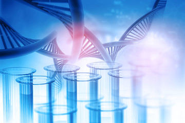 Wall Mural - Test tube with DNA on abstract background. 3d illustration .