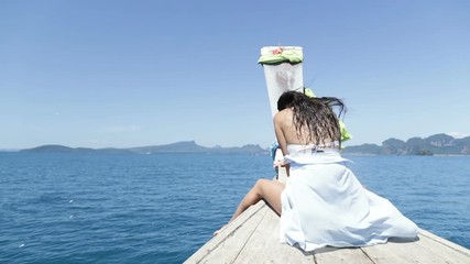 Wall Mural - Beautiful Woman Sitting On Thailand Boat Nose Happy Smiling, Young Girl Laughing Slow Motion 120