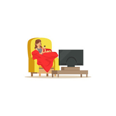 Sticker - Young woman sitting on armchair with red blanket in front of the television screen vector Illustration