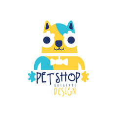 Poster - Pet shop logo template original design, colorful badge with funny cat, hand drawn vector Illustration