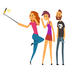 Wall Mural - Group of happy young people taking selfie photo cartoon vector Illustration