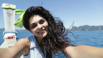 Wall Mural - Beautiful Brunette Woman Take Selfie Photo Sitting On Thailand Boat, Young Girl Happy Smiling Slow Motion 120