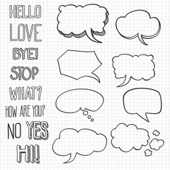 Wall Mural - Hand drawn emotional phrases and speech bubbles on notebook backdrop