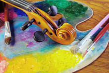 Violin, Colorful Palette And Brushes.
