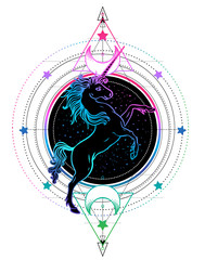 Rainbow unicorn over sacred geometry design elements. Alchemy, philosophy, spirituality symbols. Black, white vector illustration isolated on white.