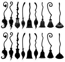 Set Of Different Witch Brooms Isolated On White