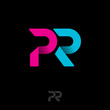 PR logo. Public relations emblem. Blue and pink origami letters on dark background.