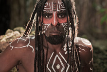 Black Man With Dreadlocks In The Image Of The Taino Indian In Habitat, Body Painting Taino Symbols