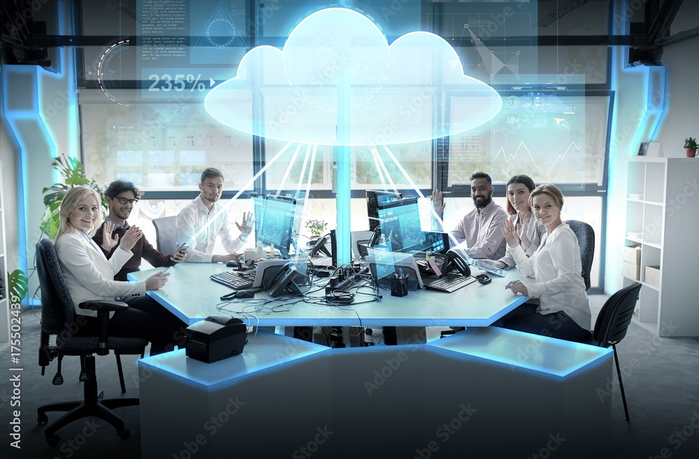 happy business team with cloud computing hologram Stock Photo | Adobe Stock