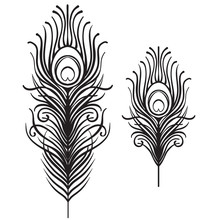 Set Of Two Isolated Feathers. Retro Hand Drawn Vector Illustration. Art Deco Style. Vector. Roaring 1920's Design. Jazz Era Inspired . 20's. Vintage Temporary Tattoo Design, Textile