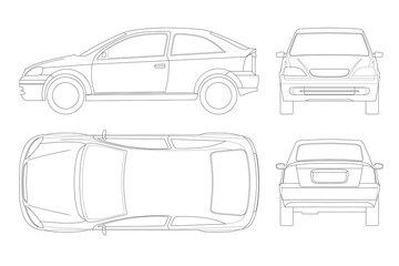 Wall Mural - Sedan Car in lines. Isolated car, template for car branding and advertising. Front, rear , side, top and back. All elements in groups on separate layers.