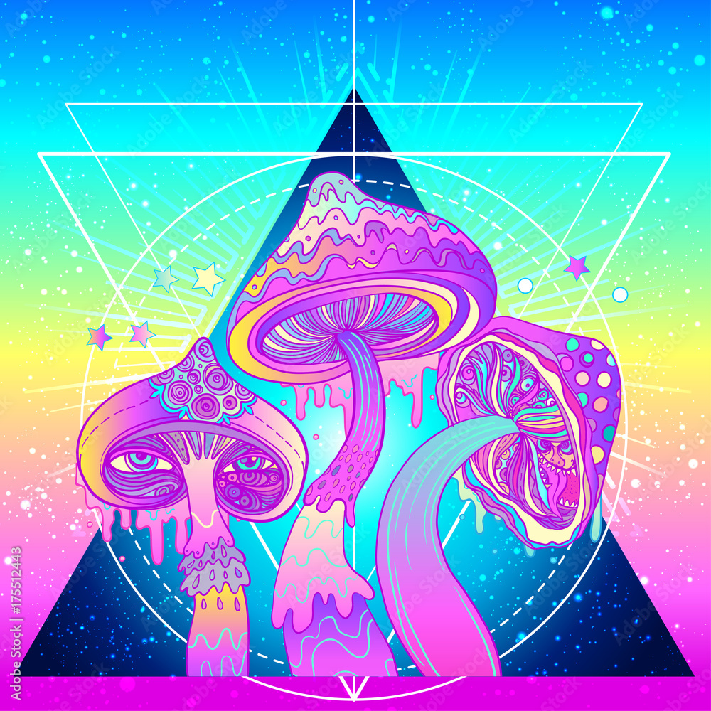 Magic mushrooms over sacred geometry. Psychedelic hallucination. Vibrant  vector illustration. 60s hippie colorful art. Stock Vector | Adobe Stock, image size:1000x1000