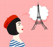 A Woman In A Red Beret Dreams Of Paris. Vector.