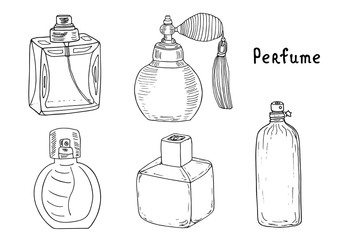 Wall Mural - Perfume set. Hand drawn artistic sketch illustration. Vintage aroma and deodorant container collection.