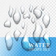 Realistic drops of water with own shadow, liquid on blue and transparent background with transparency effect. Drops can be applied on any color background or object