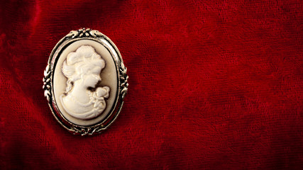 Cameo brooch representing the side portrait of a woman carved in white stone or ivory with golden elements on burgundy red velvet with copy space