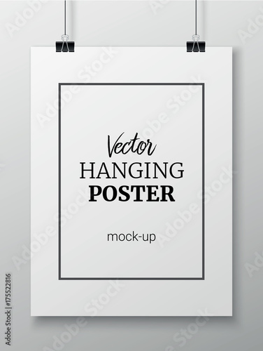 Vector realistic hanging poster mock up for your design or picture on grey wall background © Kateina