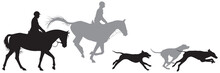 Foxhunting, Hunters On Horses And Running Foxhound Dogs Silhouettes, Fox Hunting, Hunting With Hounds Vector Illustration