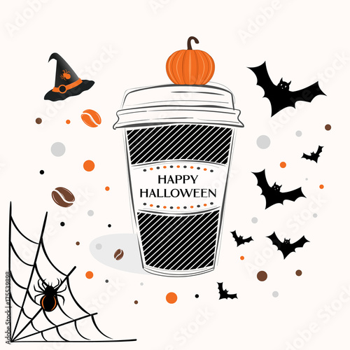 Happy Halloween sign text over paper coffee cup with abstract coffee